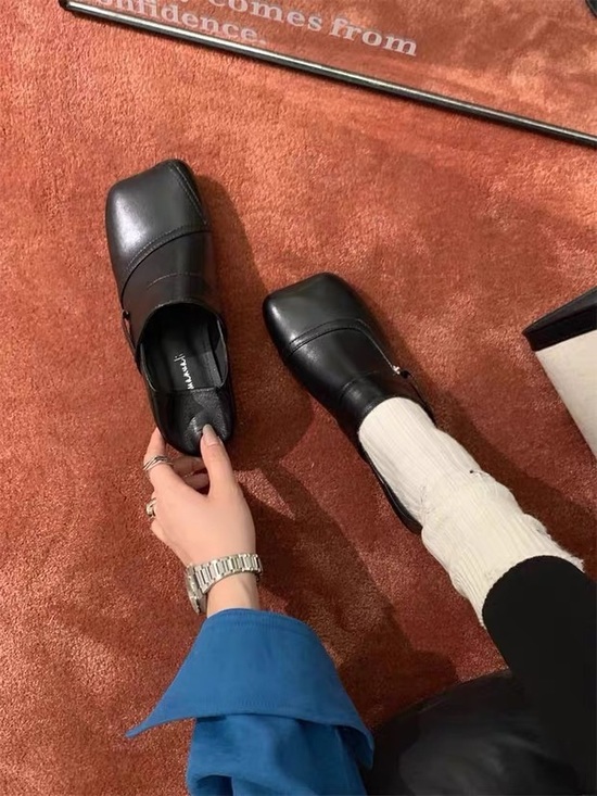 Shoes - Black Square-Toe Slip-On Leather Loafers